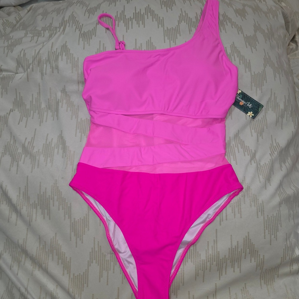 Blooming Jelly Womens XL Pink One Shoulder Mesh Cutout One Piece Swimsuit NEW